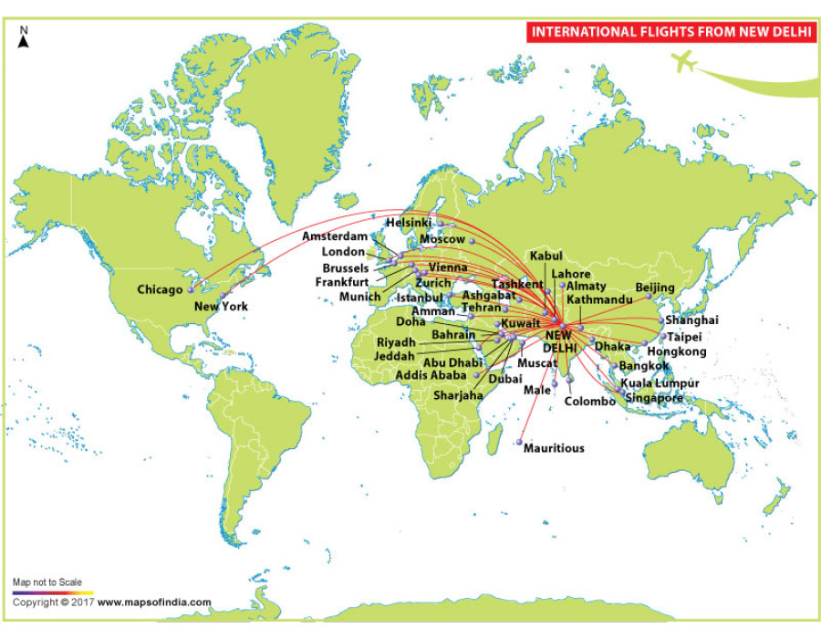 Buy International Flights Map from Delhi online